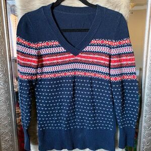 S navy and red fair isle v neck sweater